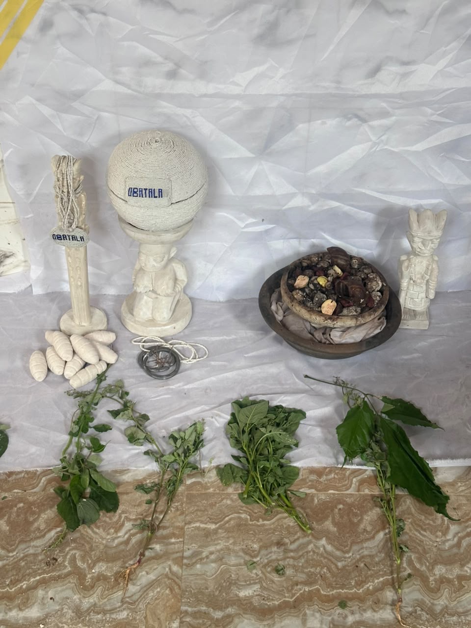 Sacred objects and fresh leaves prepared for spiritual work